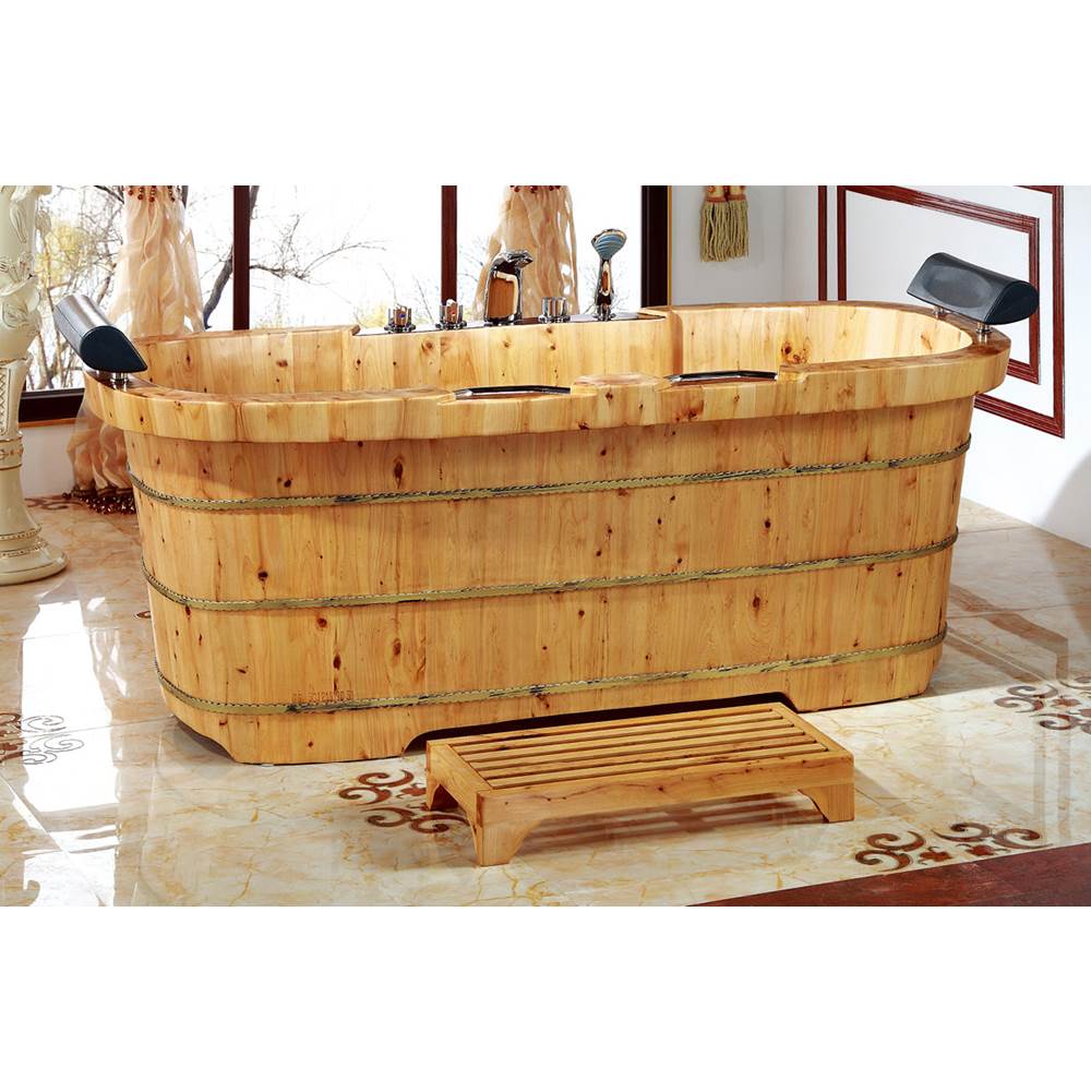 Alfi Trade 65'' 2 Person Free Standing Cedar Wooden Bathtub with Fixtures & Headrests