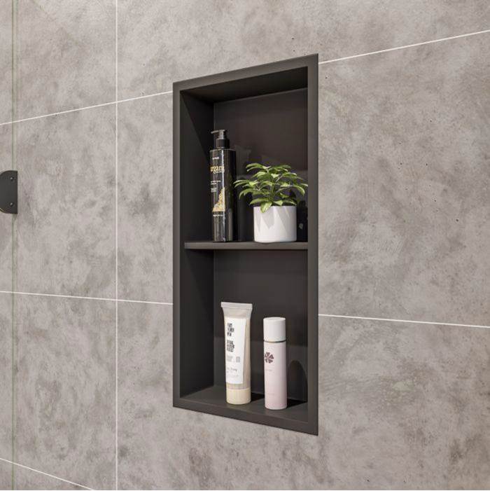 Alfi Trade 12 x 24 Black Matte Stainless Steel Vertical Double Shelf Bath Shower Niche
