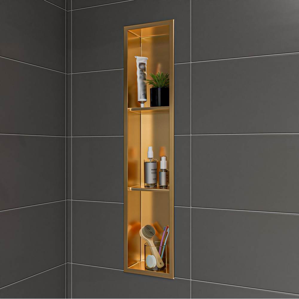 Alfi Trade 8'' x 36'' Brushed Gold PVD Stainless Steel Vertical Triple Shelf Shower Niche