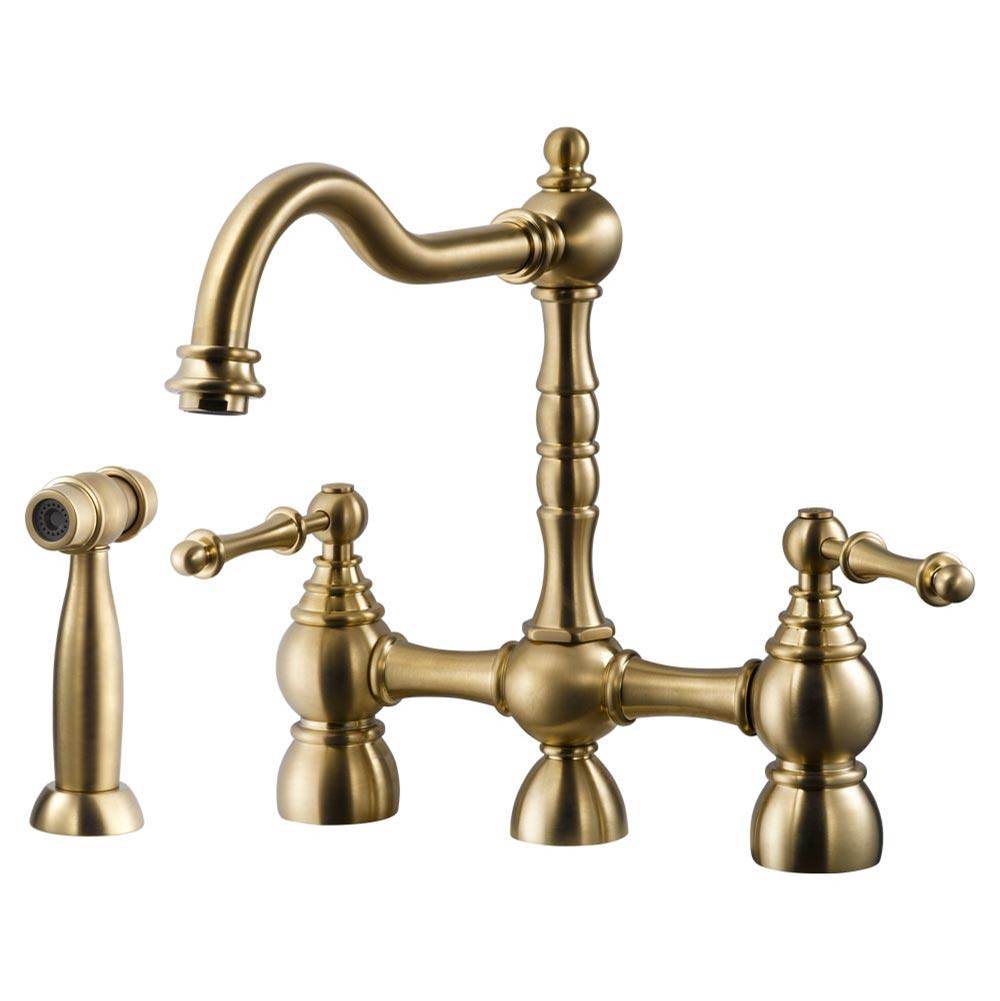 Hamat Two Handle Bridge Faucet with Side Spray in Brushed Brass