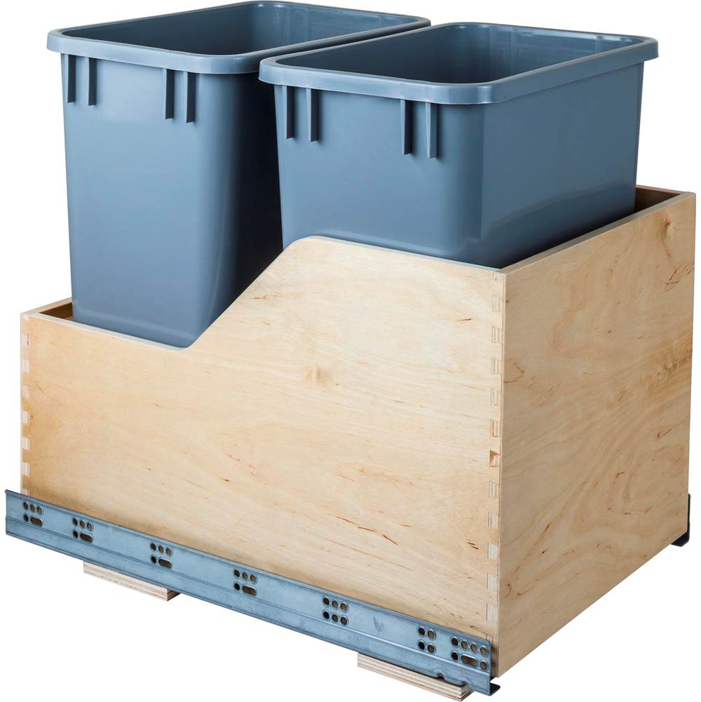 Hardware Resources Double 35 Quart Wood Bottom-Mount Soft-close Trashcan Rollout for Hinged Doors, Includes Grey Can