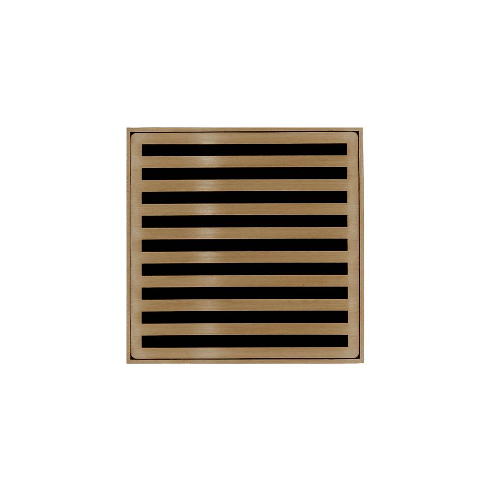 Infinity Drain 4'' x 4'' NDB 4 Complete Kit with Lines Pattern Decorative Plate in Satin Bronze with PVC Bonded Flange Drain Body, 2'', 3'' and 4'' Outlet