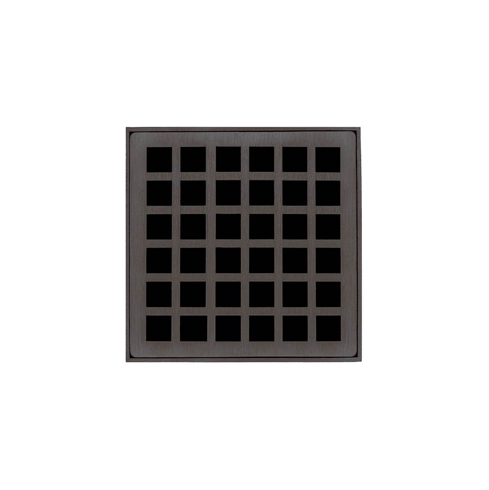 Infinity Drain 4'' x 4'' QD 4 Complete Kit with Squares Pattern Decorative Plate in Oil Rubbed Bronze with Cast Iron Drain Body for Hot Mop, 2'' Outlet