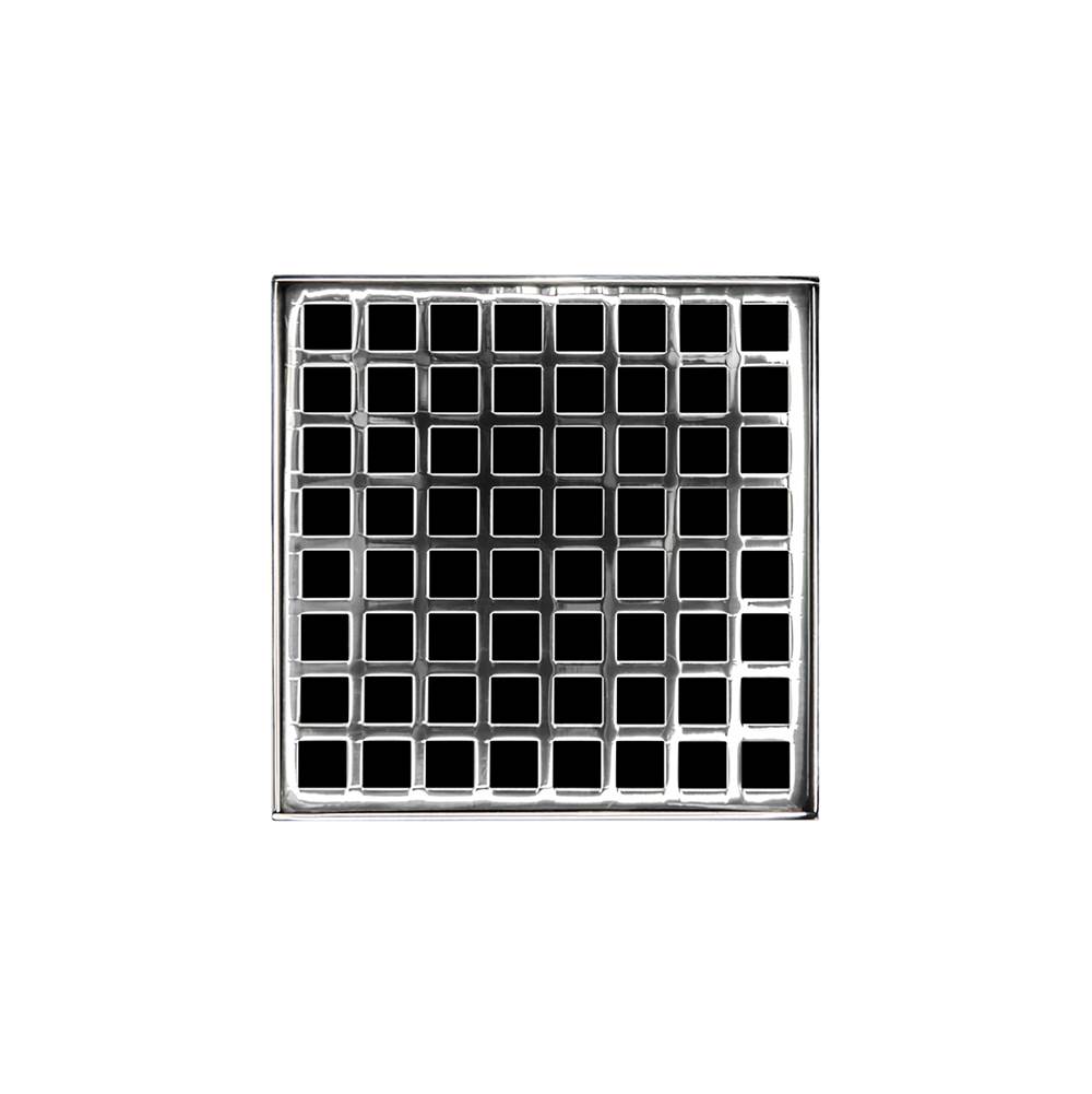 Infinity Drain 5'' x 5'' QDB 5 Complete Kit with Squares Pattern Decorative Plate in Polished Stainless with Stainless Steel Bonded Flange Drain Body, 2'' No Hub Outlet