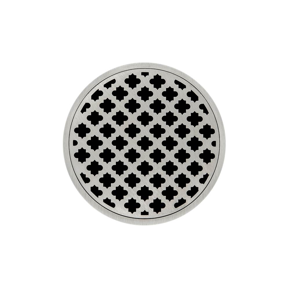 Infinity Drain 5'' Round RMD 5 Complete Kit with Moor Pattern Decorative Plate in Satin Stainless with ABS Drain Body, 2'' Outlet