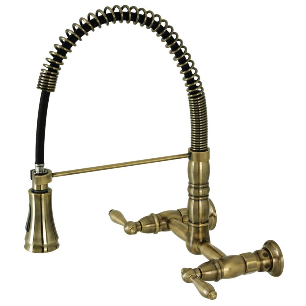 Kingston Brass Gourmetier Heritage Two-Handle Wall-Mount Pull-Down Sprayer Kitchen Faucet, Antique Brass