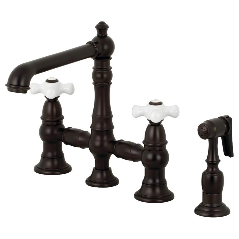 Kingston Brass English Country 8'' Bridge Kitchen Faucet with Sprayer, Oil Rubbed Bronze