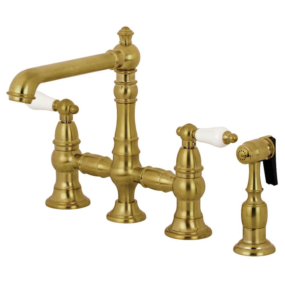 Kingston Brass English Country 8'' Bridge Kitchen Faucet with Sprayer, Brushed Brass