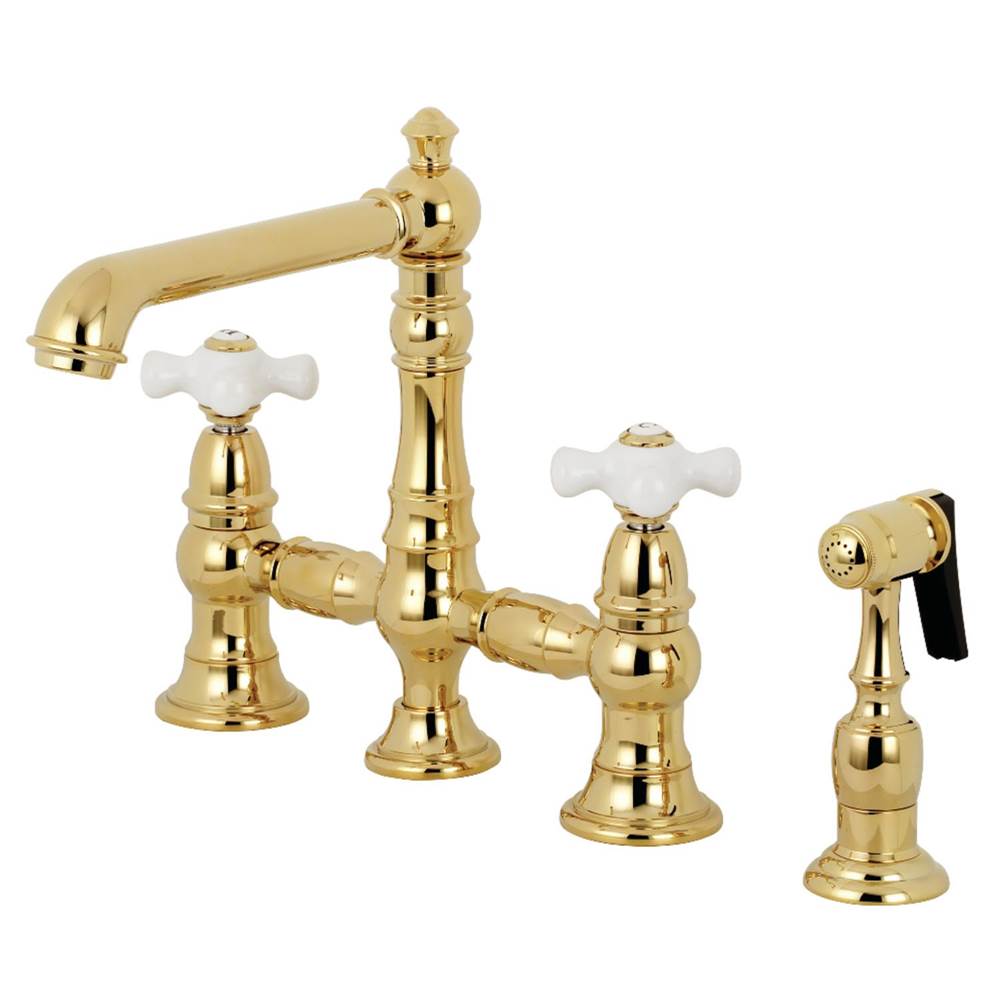 Kingston Brass English Country 8'' Bridge Kitchen Faucet with Sprayer, Polished Brass