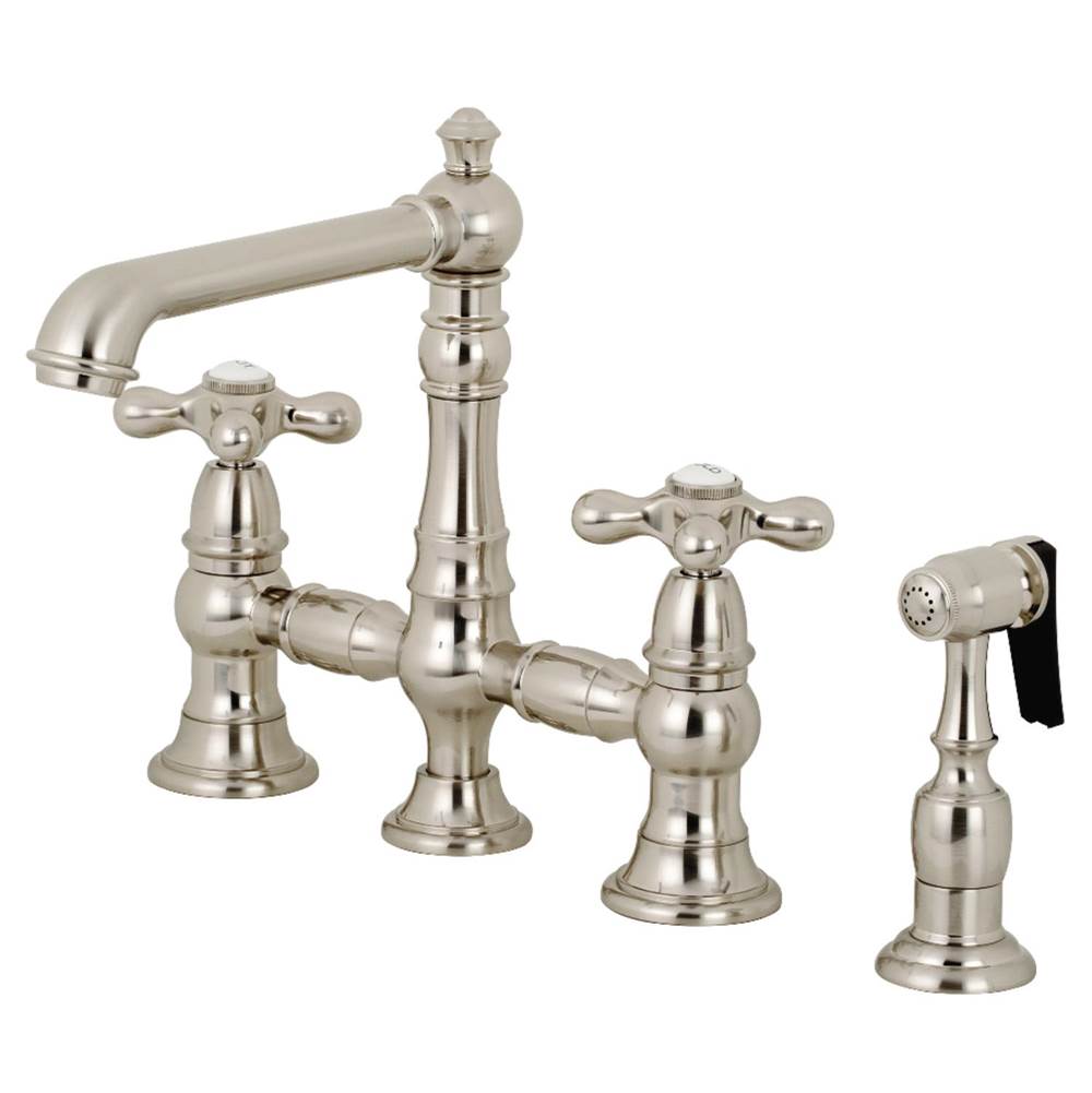 Kingston Brass English Country 8'' Bridge Kitchen Faucet with Sprayer, Brushed Nickel