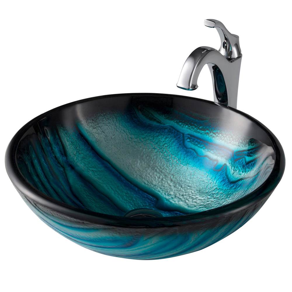 Kraus 17-inch Blue Glass Nature Series Bathroom Vessel Sink and Arlo Faucet Combo Set with Pop-Up Drain, Chrome Finish