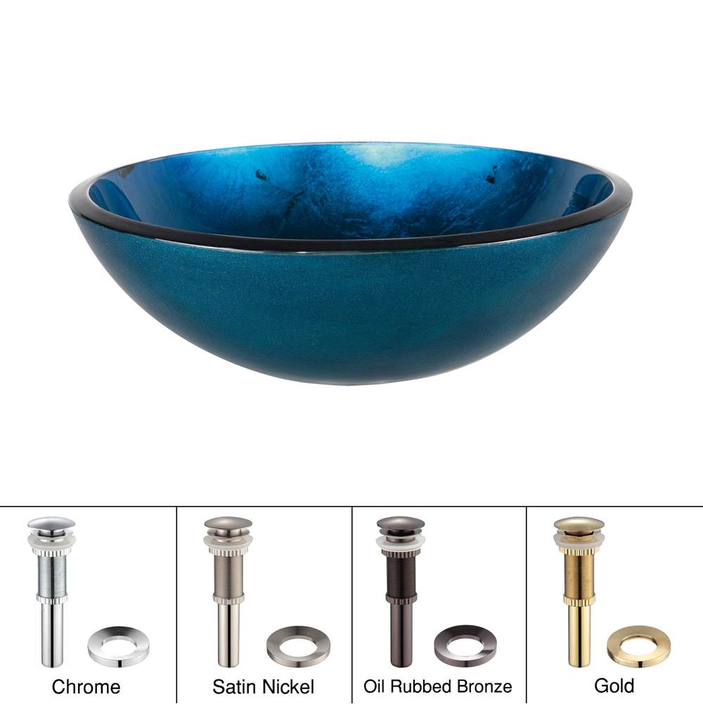 Kraus KRAUS Irruption Glass Vessel Sink in Blue with Pop-Up Drain and Mounting Ring in Satin Nickel