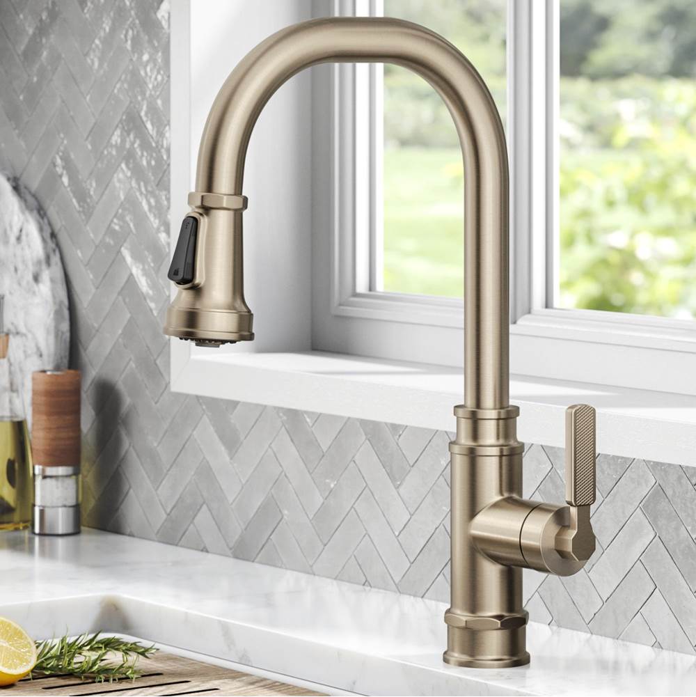 Kraus Allyn Transitional Industrial Pull Down Single Handle Kitchen Faucet In Spot Free Antique Champagne Bronze