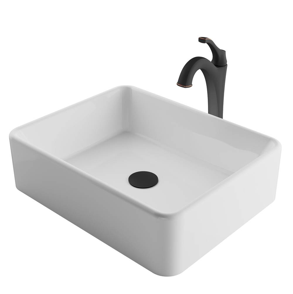 Kraus Elavo 19-inch Modern Rectangular White Porcelain Ceramic Bathroom Vessel Sink and Arlo Faucet Combo Set with Pop-Up Drain, Oil Rubbed Bronze Finish
