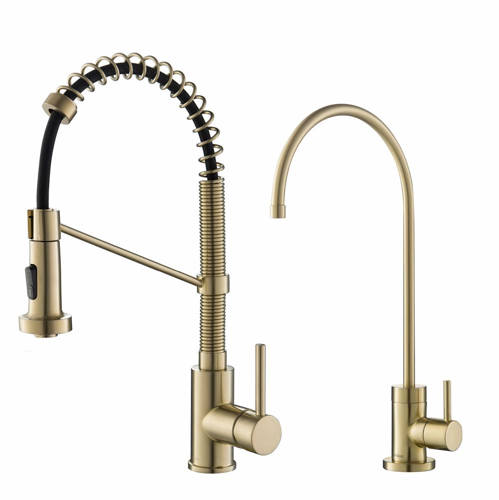 Kraus Bolden Commercial Style Pull-Down Kitchen Faucet and Purita Water Filter Faucet Combo in Brushed Gold