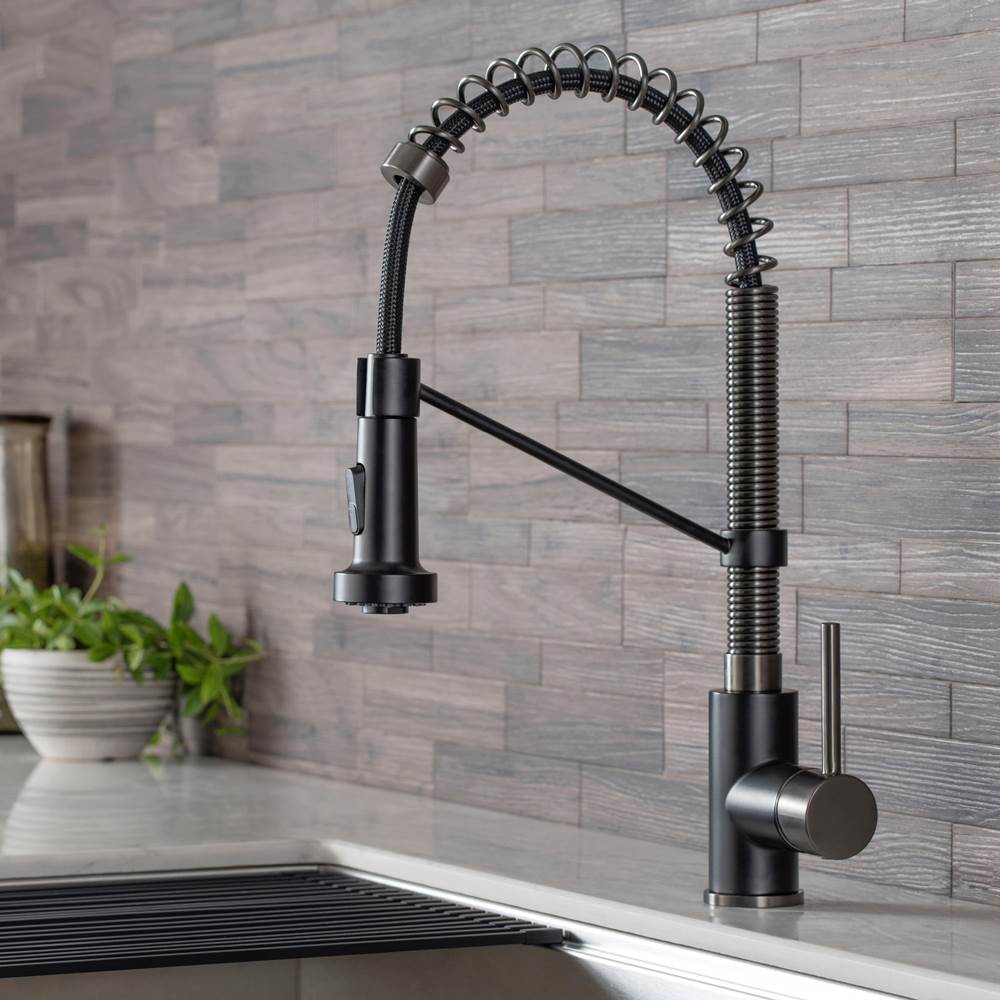 Kraus Bolden Single Handle 18-Inch Commercial Kitchen Faucet with Dual Function Pull-Down Sprayhead in Matte Black/Black Stainless Steel Finish