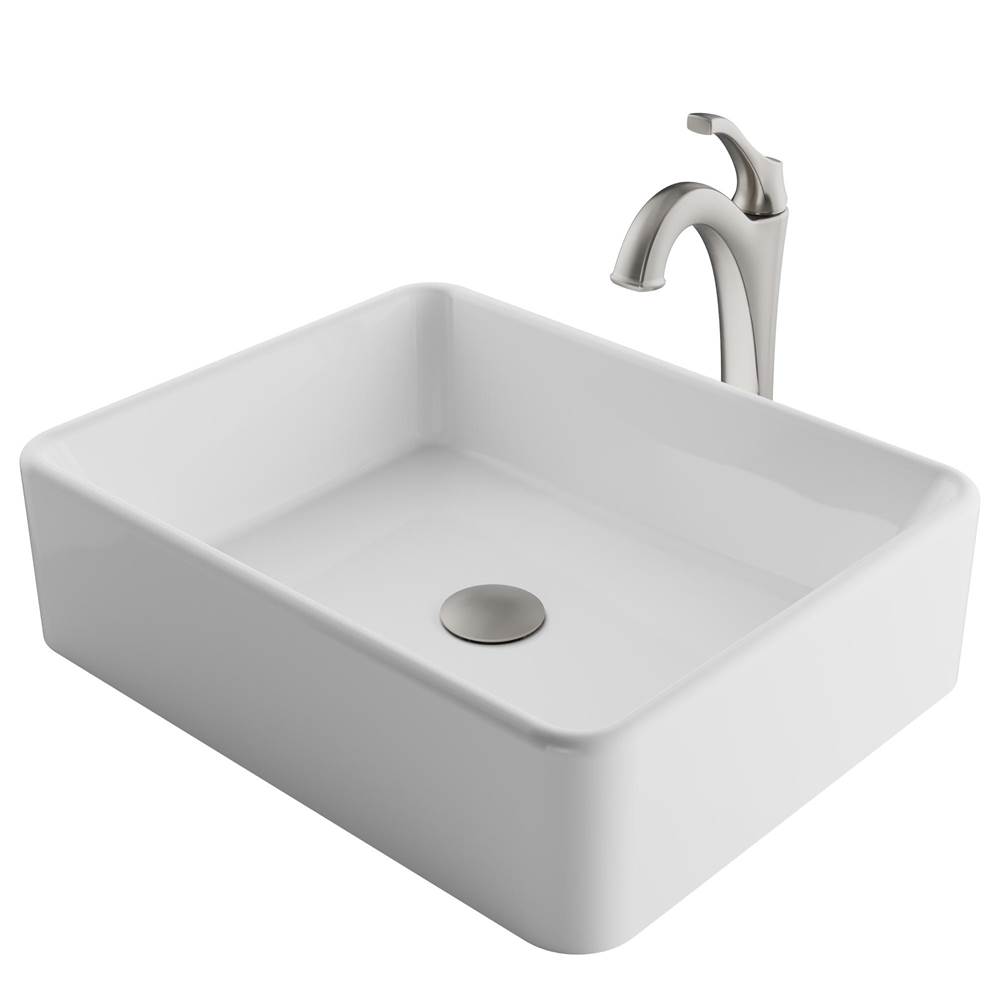 Kraus Elavo 19-inch Modern Rectangular White Porcelain Ceramic Bathroom Sink and Arlo Faucet Set with Pop-Up Drain, Stainless Brushed Nickel Finish
