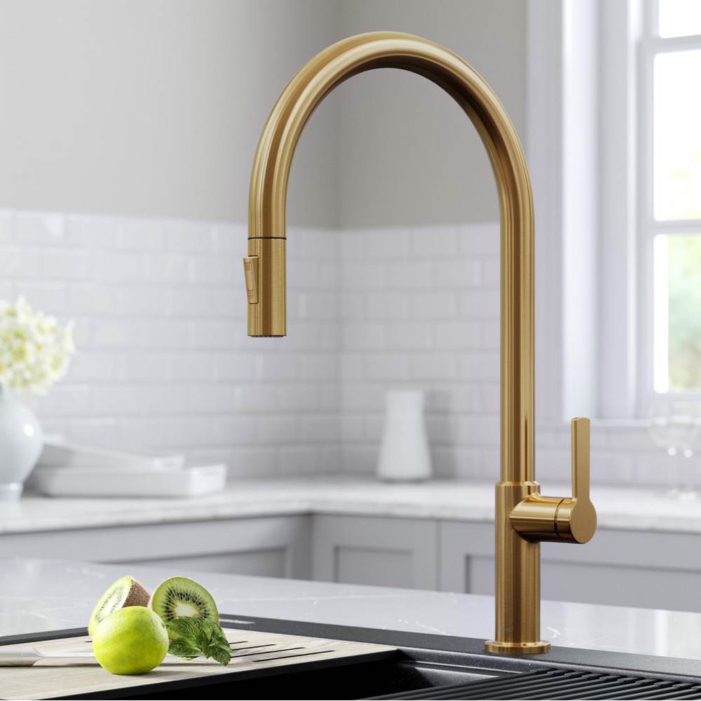 Kraus Oletto High-Arc Single Handle Pull-Down Kitchen Faucet in Brushed Brass