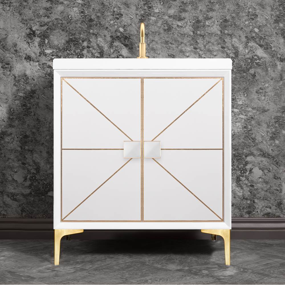 Linkasink DIVERGENCE with Artisan Glass Hardware 30'' Wide Vanity, White, Satin Brass Hardware, 30'' x 22'' x 33.5'' (without vanity top)