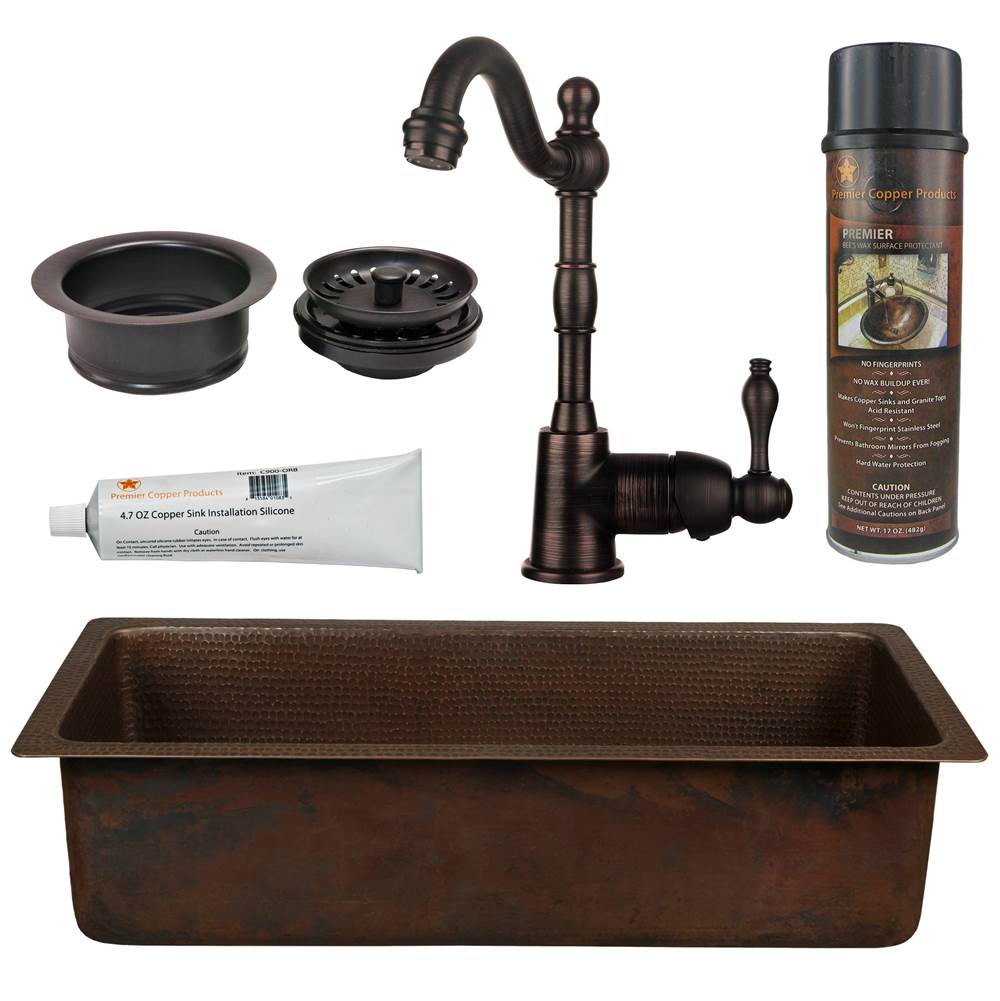Premier Copper Products 28'' Rectangle Hammered Copper Bar/Prep Sink, 3.5'' Garbage Disposal Drain and Accessories
