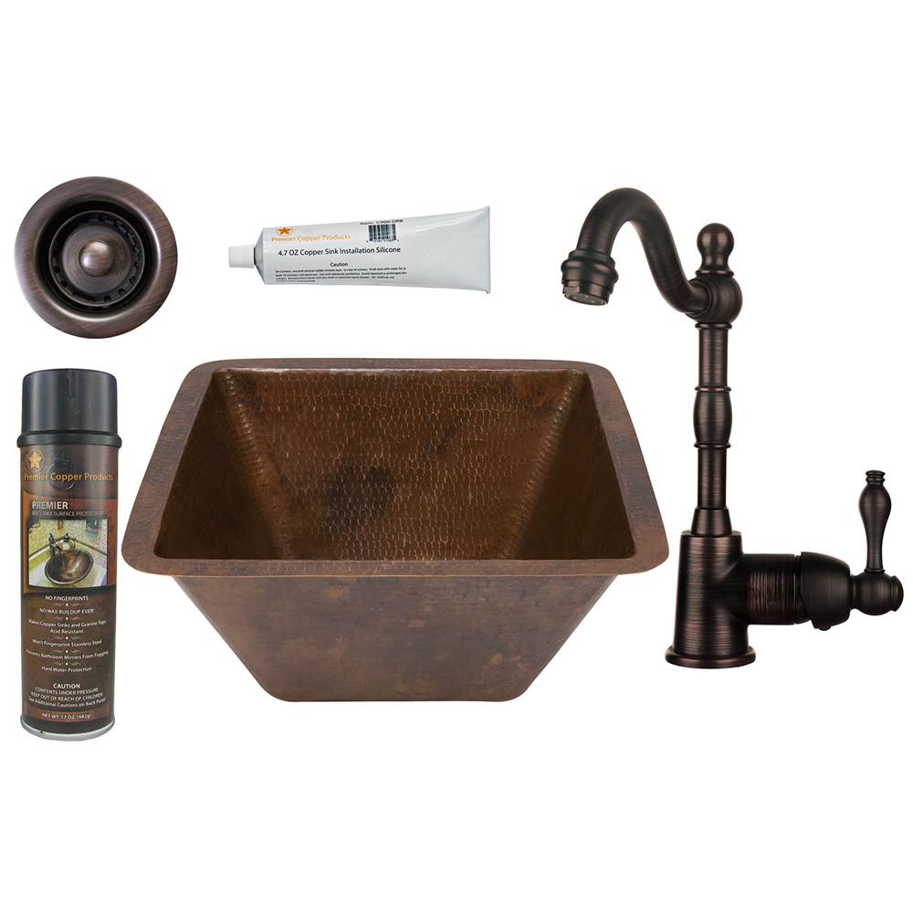 Premier Copper Products 15'' Square Hammered Copper Bar/Prep Sink, ORB Single Handle Bar Faucet, 2'' Strainer Drain and Accessories